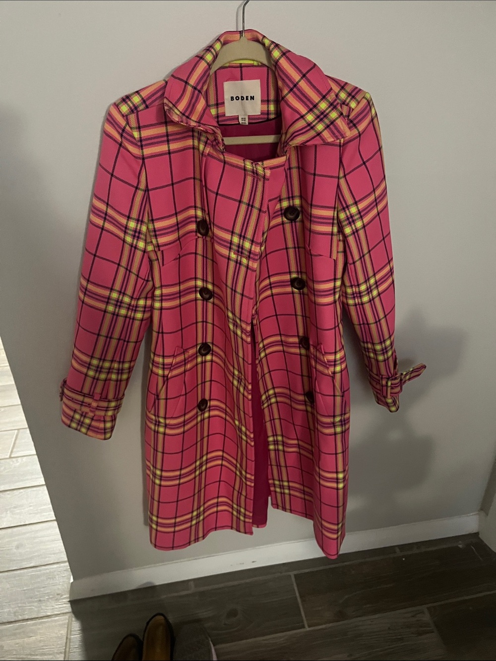 Boden Cheltenham Trench Coat Pink Neon Plaid Check US 2 – $498 Retail - Picture 6 of 9